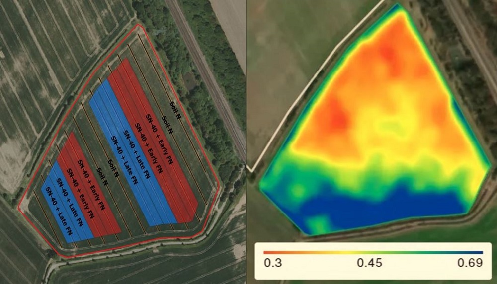 Two drone shots of the same field showing treatment tramlines and NDVI readings